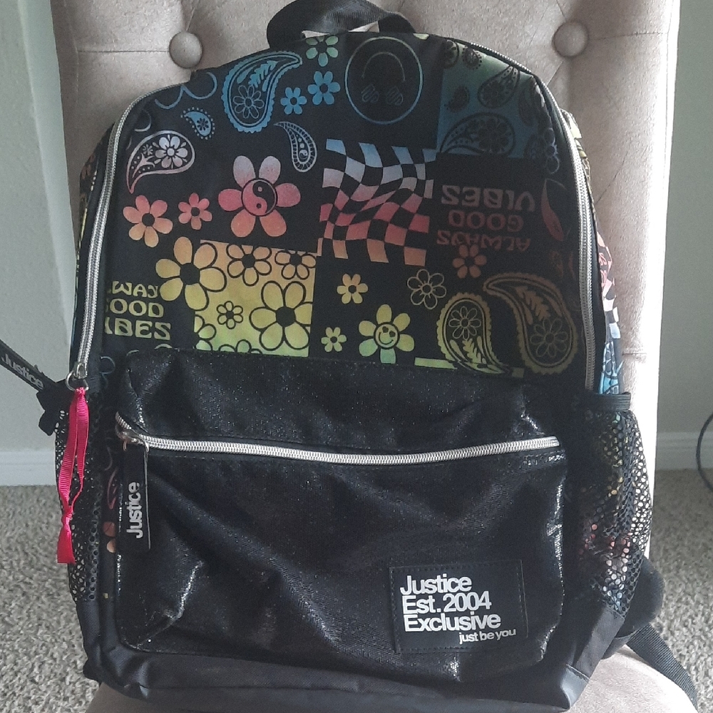 Justice Black and Multicolor Patterned Backpack